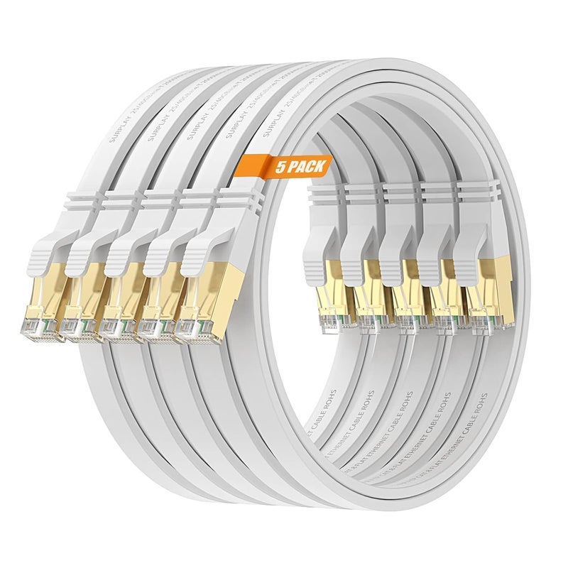 Surplay Cat8 1.5FT-5Pack Ethernet Cable,White-40Gbps Internet Network Patch Cord,High Speed Gold-Plated RJ45 Double Shielded with Ground Wire & Cable-Tie for Modem,Hub,Router,NAS - Image 1